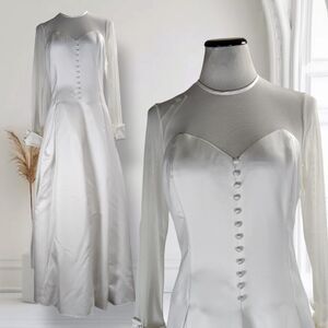 Vintage 90s Cache Mesh Yoke Formal Wedding Dress Size 12 Box Pleats French Cuffs